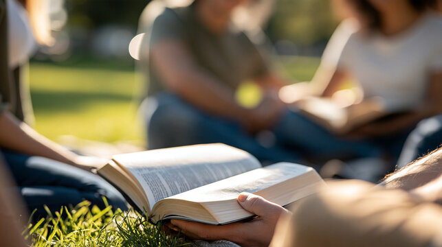 Rear view of friends sitting together on a blanket studying an open Bible in a bright sunny park faces out of frame green grass clean open outdoor setting soft natural light bible