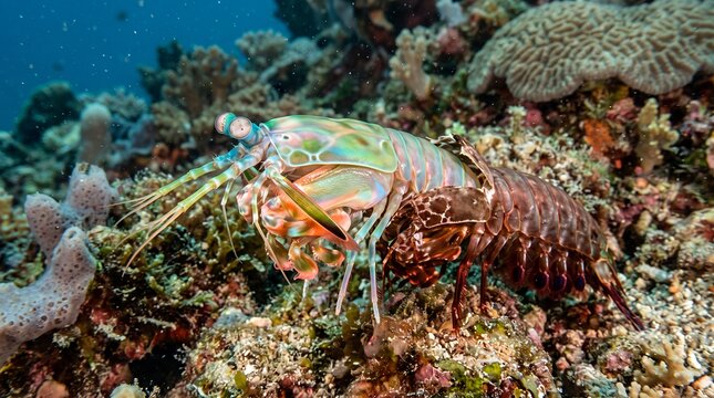 Colorful Peacock Mantis Shrimp on a Vibrant Coral Reef
