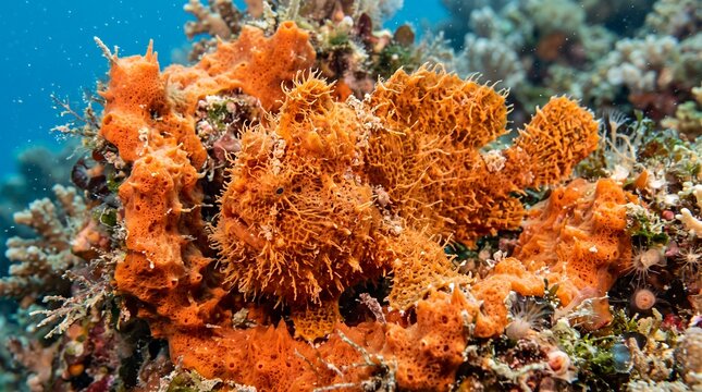 Vibrant Orange Frogfish Camouflaged in a Coral Reef