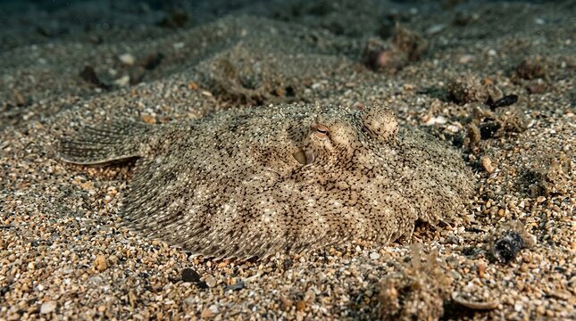 Flounder fish camouflaged on sandy ocean floor