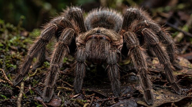 Hairy Tarantula Spider on Forest Floor in Close-up