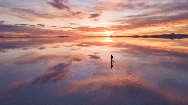 Solo traveler walking on a mirrored salt flat at sunset