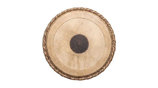 Traditional Indian tabla drum head, top view of ethnic percussion instrument, leather musical drum skin with black syahi spot isolated PNG with Transparent Background