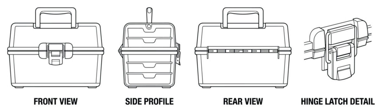 Plastic tackle box front side rear hinge latch detail line art vector.