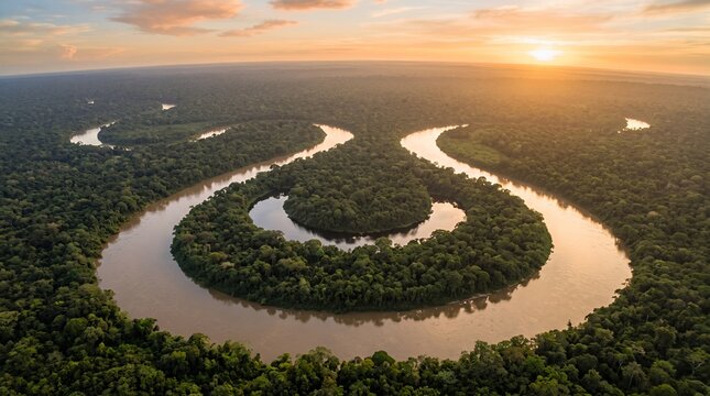 Aerial view of a winding river through the Amazon rainforest at sunset