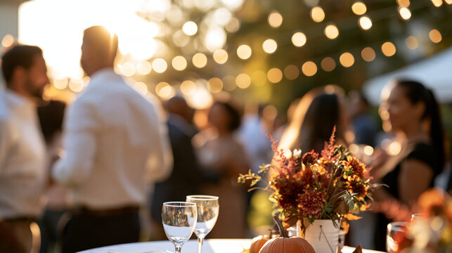 Wide view of a harvest themed dance party with string lights strung above a dance floor in bright daylight soft natural light clean outdoor venue colorful autumn decor music and