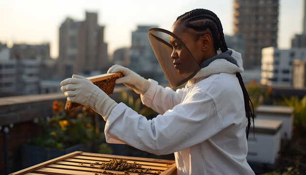 Beekeeper inspecting a wooden hive frame while working with bees in an urban rooftop garden.