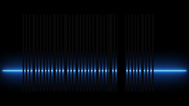 Abstract digital blue laser scanner beam moving across vertical dark bars on black background