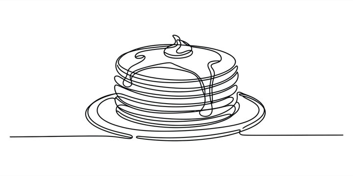 Continuous single line drawing of a stack of pancakes with syrup on a plate for breakfast menu design isolated on a white background illustration