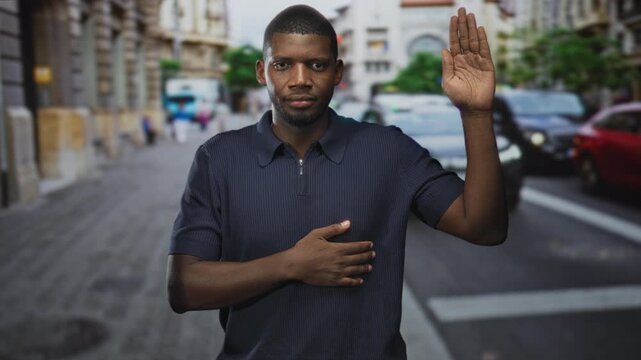 Man with raised right hand and left hand on chest on a city street crosswalk, wearing navy polo and slight smile amid cars and buildings; honor sincerity.