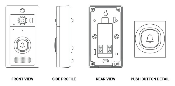 Smart doorbell with camera button and detailed push button and rear view.
