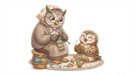 Fototapeta premium Grandmother Owl Knitting With 