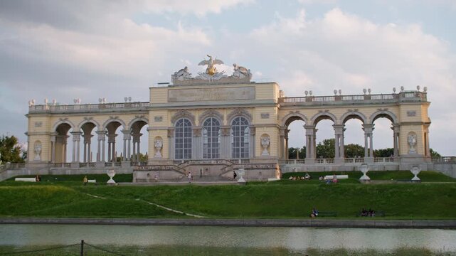 Architectural view of Schonbrunn gate Vienna Austria with majestic columns and historical beauty of European royal palace and famous cultural landmark for travelers