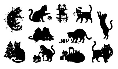 Fototapeta premium Set of Black Cat Silhouettes with Christmas Elements Moon Tree and Gift Boxes Isolated on White Background Vector Illustration