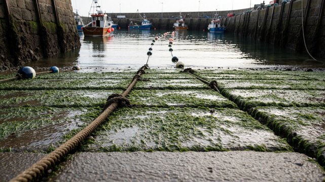 Fishing boats in stone harbor with algae slipway at low tide