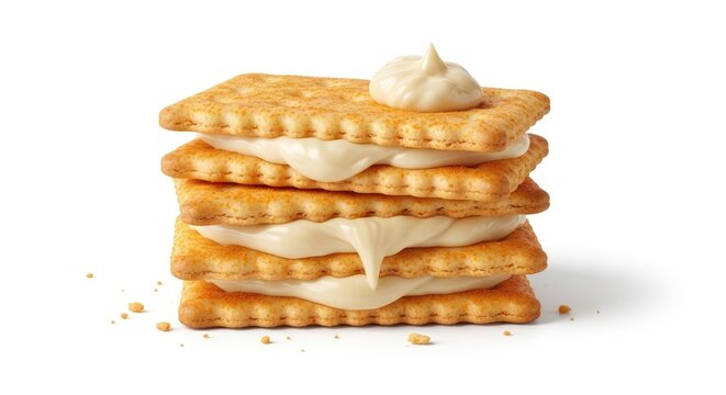 A stack of four graham crackers is topped with a generous dollop of peanut butter. The crackers are golden brown and have a textured surface.