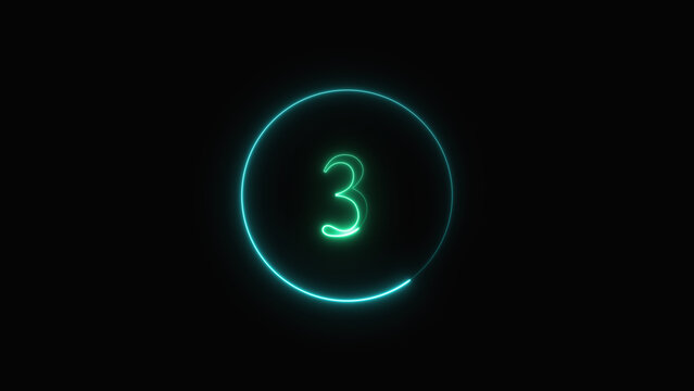 Glowing neon number 3 shines inside circular frame on dark backdrop. Vibrant neon number 3 counts down key moments. Modern neon number 3 graphic for intro titles.