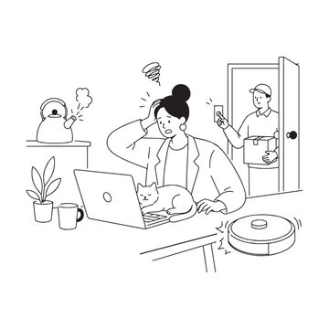 A versatile collection of hand-drawn office illustrations featuring coworkers, meetings, remote work, productivity, teamwork, AI, coffee breaks, deadlines and everyday workplace moments.