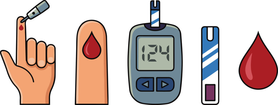 Diabetes blood glucose testing vector illustration, blood sugar meter with 124 reading, finger prick lancet and test strip set