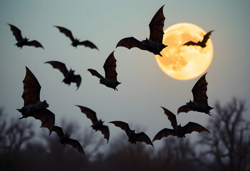 Obraz premium Flying bats silhouetted against full moon at dusk