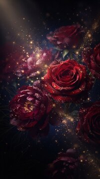 Magical dark red roses and burgundy peonies with shining water drops and glowing golden bokeh sparkles, vertical fantasy floral background, generative AI