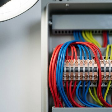 Close-up of electrical panel with color-coded wiring and terminal bloc