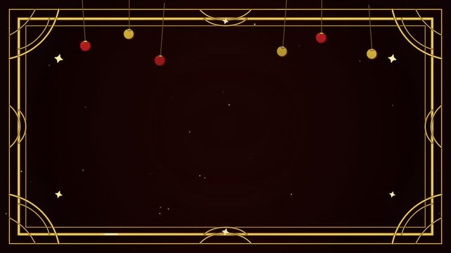 Golden frame appearing with Christmas decorations on dark background