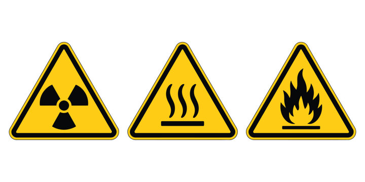 Hazard warning sign icons featuring radiation, hot surface, and flammable symbols on yellow triangular safety labels for industrial workplace protection