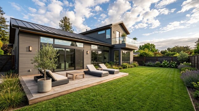 Modern luxury house exterior architecture featuring large glass windows, wooden deck terrace with sun loungers, and manicured green lawn garden under blue sky with clouds