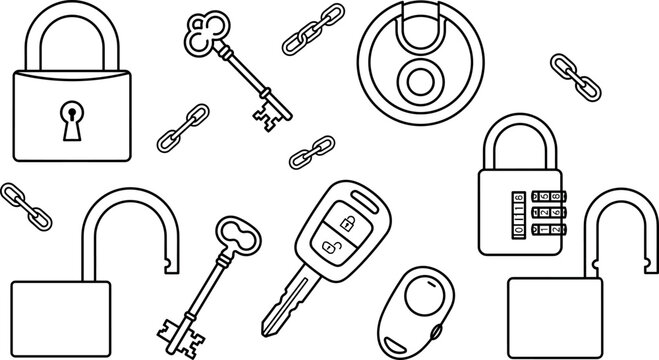 Security locks and keys line art set featuring padlocks combination lock car key fob chains and vintage keys