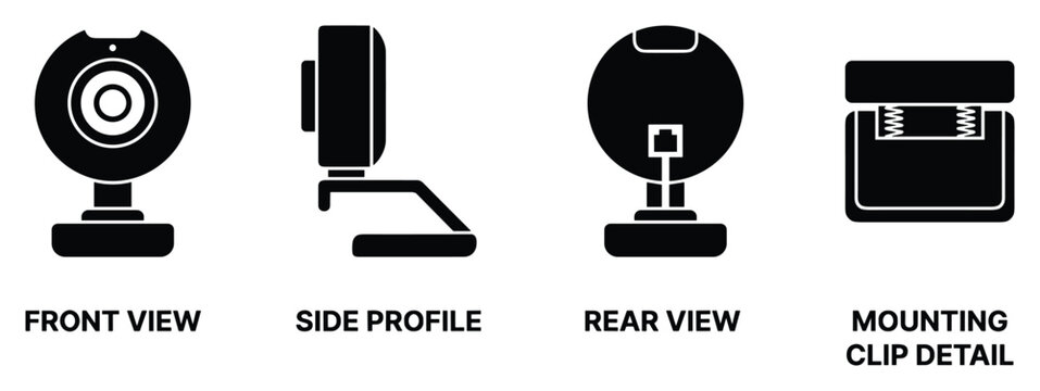 Webcam front side rear view and mounting clip detail icon set for video.