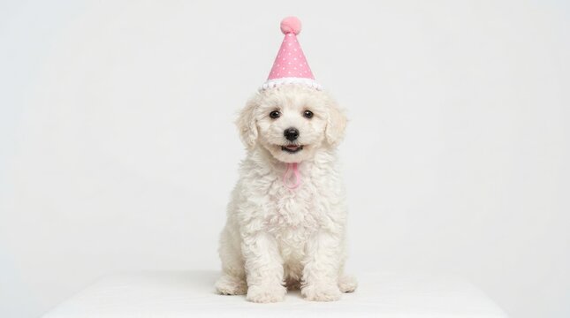 Adorable Puppies in Festive Birthday Hats Isolated on White Background
