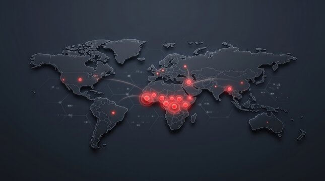 World map highlighting Ebola virus outbreak locations with red markers indicating affected regions and connections between countries, set against a dark background