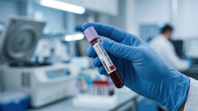 Laboratory technician in blue gloves holds a blood sample tube labeled for Ebola virus testing, with laboratory equipment and a blurred background of medical workspace