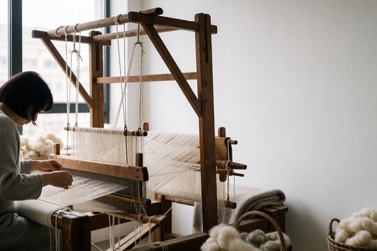 Woman weaving on a wooden loom in a bright studio