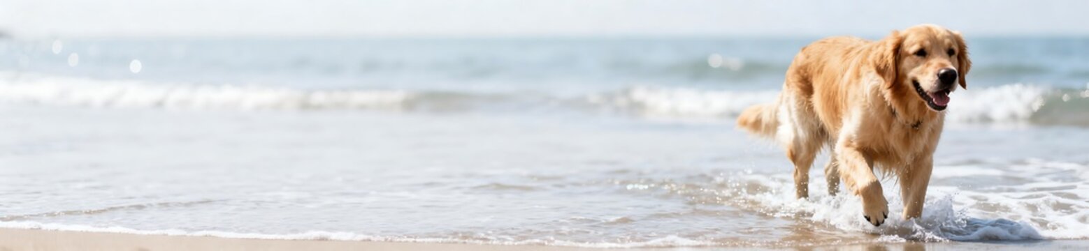 Golden retriever dog standing in sea waves. Wide panoramic summer banner with copy space. Website header background