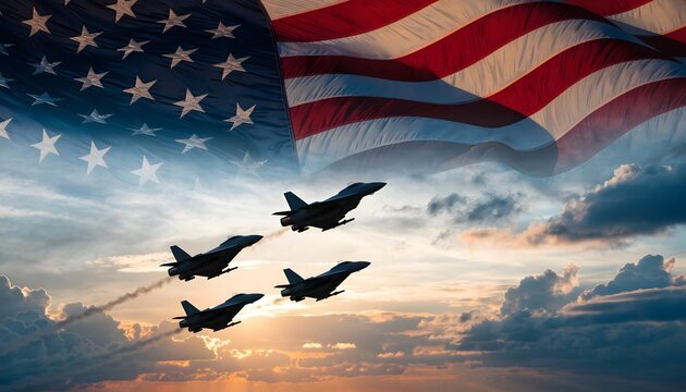 American Flag with Fighter Jets Flying in Formation at Sunset &ndash; Patriotic Military Concept