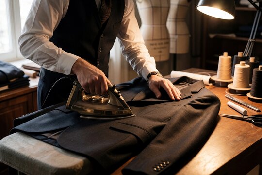 Tailor Ironing Suit Jacket in Workshop