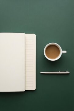 Minimalist Workspace with Notebook and Coffee on Dark Green Background, Productivity Concept for Professional Marketing