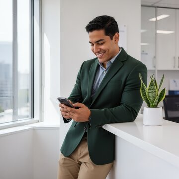 Smiling Hispanic Businessman in Green Blazer Using Smartphone in Bright Modern Office, Corporate Communication and Connectivity