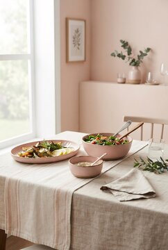 Elegant Pink Ceramic Serveware Set on Linen Tablecloth, Minimalist Dining and Entertaining Concept