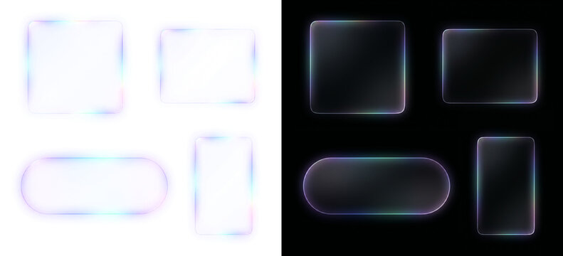 Rainbow frosted glassmorphism UI elements set, rectangle, vertical rectangle, pill shape, square