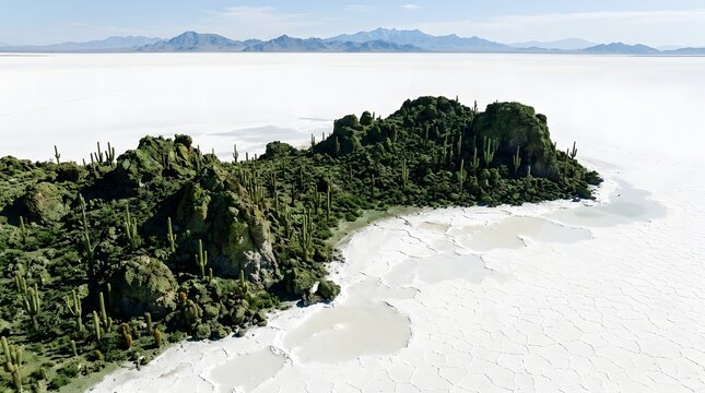 Dramatic aerial view of Incahuasi Island with cacti and mountains in the Salar de Uyuni salt flat in Bolivia