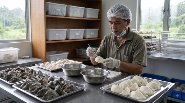 Worker Cleaning Edible Swiftlet Bird&rsquo;s Nest at Processing Facility in Sabah Malaysia