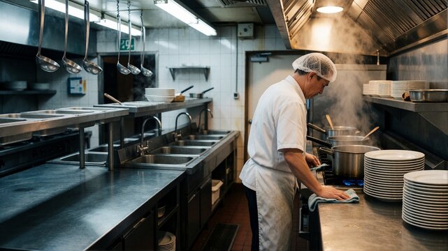 Professional chef preparing meals in a commercial kitchen