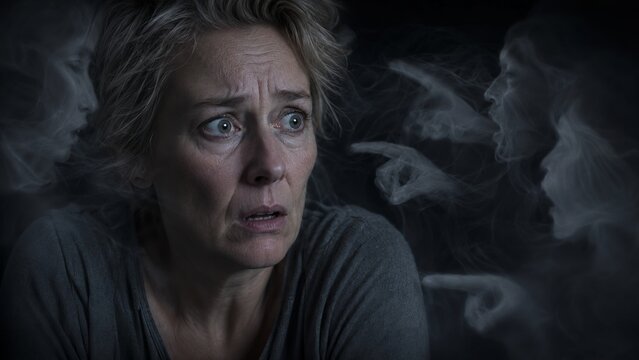 Scared mature woman surrounded by ghostly smoke figures on dark background. Frightened middle aged woman suffering from fear and anxiety. Mental health, psychological trauma and nightmare concept.