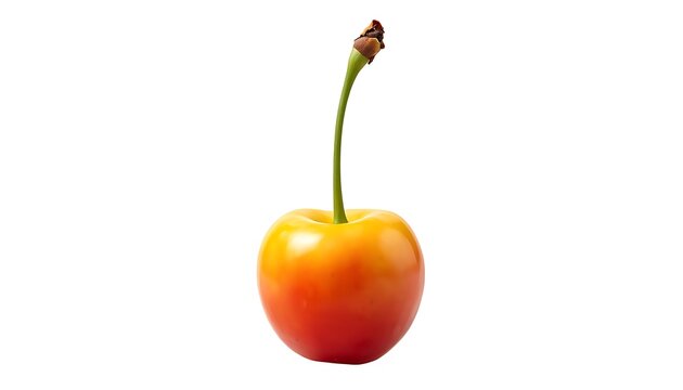 Single cherry with long green stem and dried brown tip, smooth glossy surface with gradient coloration from bright yellow top to deep red bottom, isolated on plain white background emphasizing vivid c