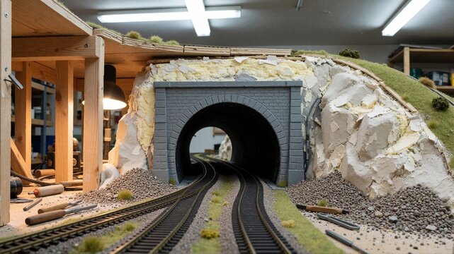 Model train layout tunnel under construction