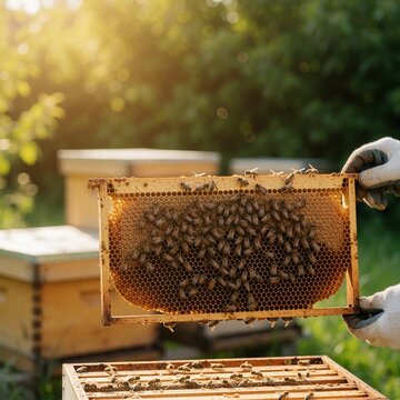 Beekeeper holding honeycomb frame covered in bees