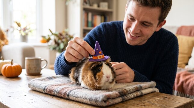 Pet guinea pig in hat.
